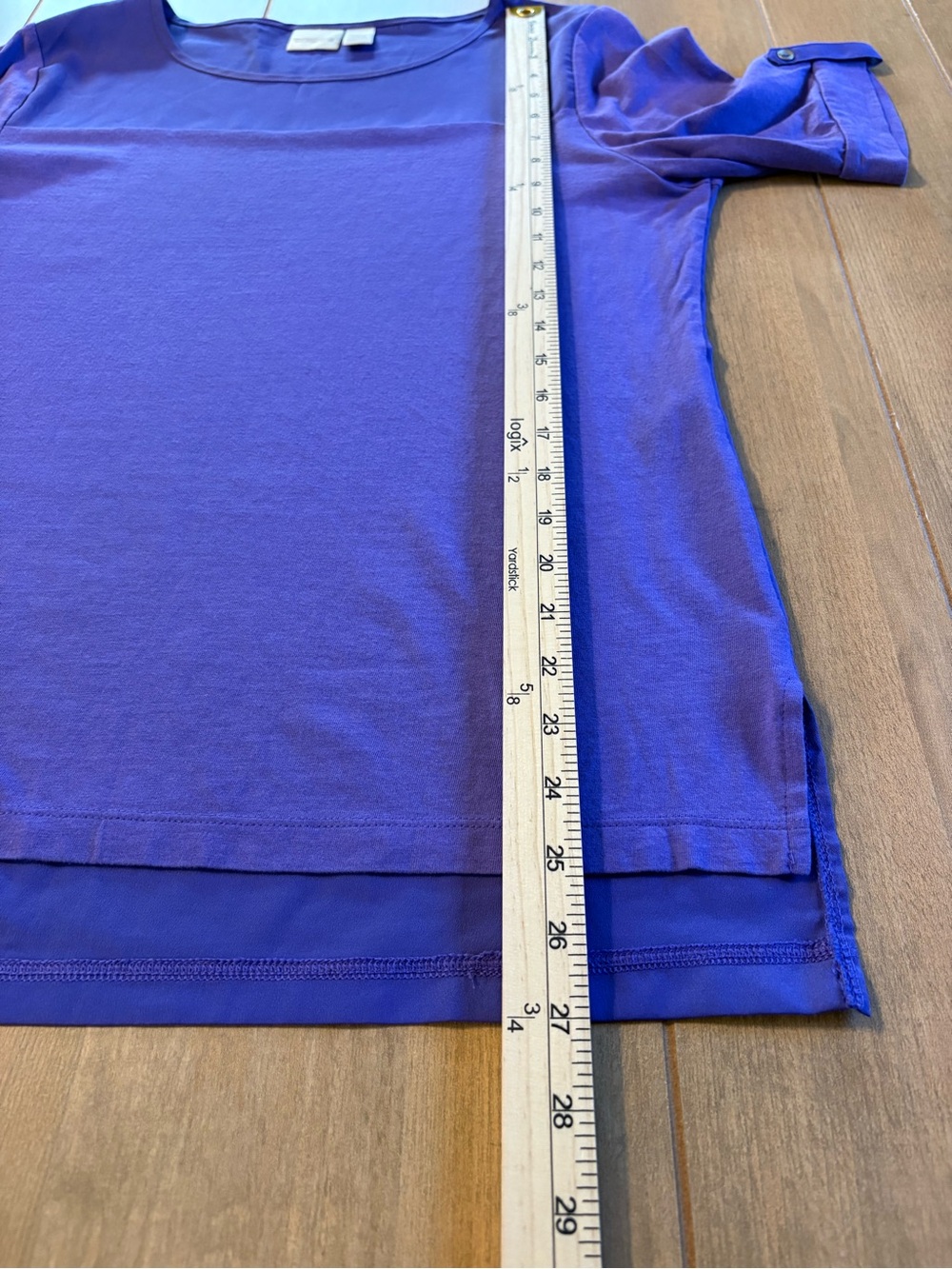 Chico’s Size 1 Purple Mixed Media Hi Low Top Button Sleeve Casual Tunic Classic - Picture 11 of 12